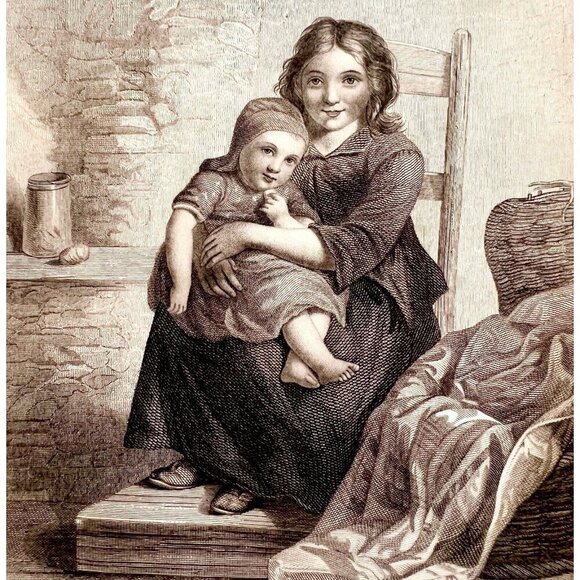 The Little Nurse With Child Steel Engraving 1859 Victorian Medical Art DWY5E - Picture 1 of 2
